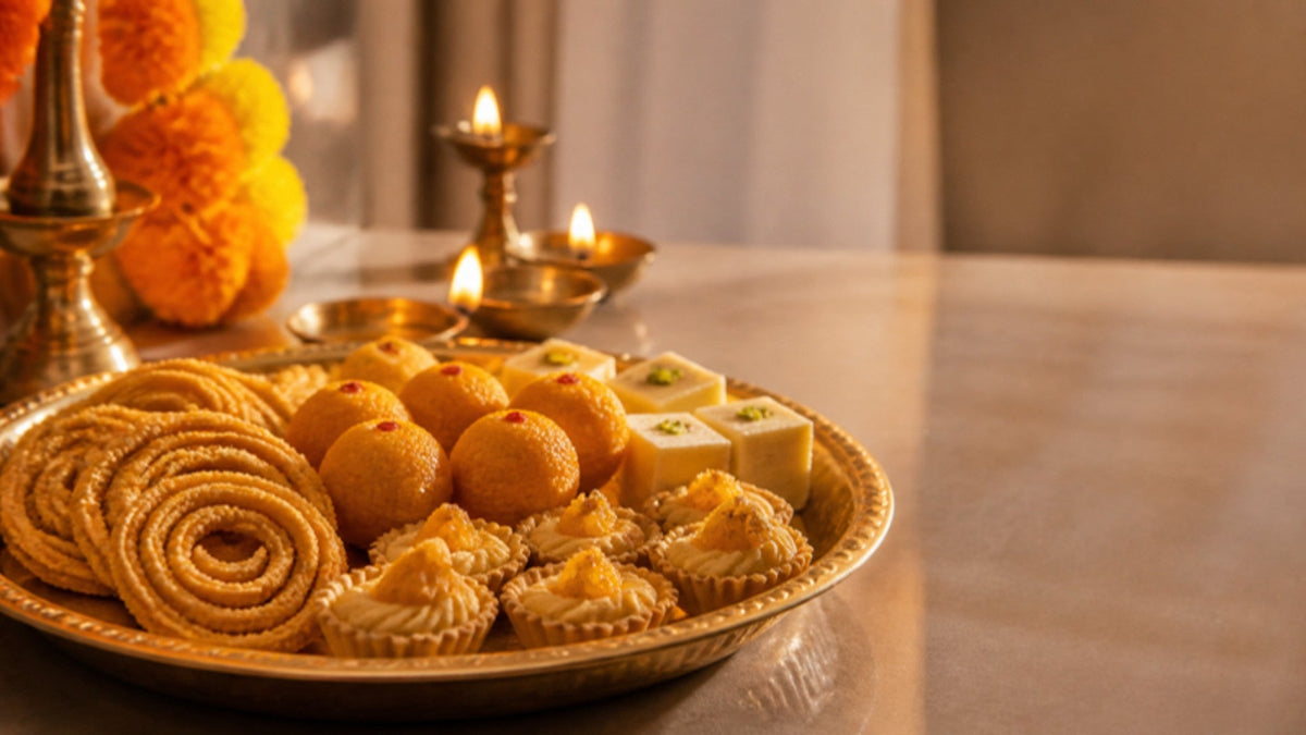Tray of Deepavali snacks with murukku, laddu and pineapple tarts beside oil lamps