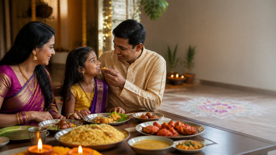 Family sharing a balanced meal for a healthy Deepavali
