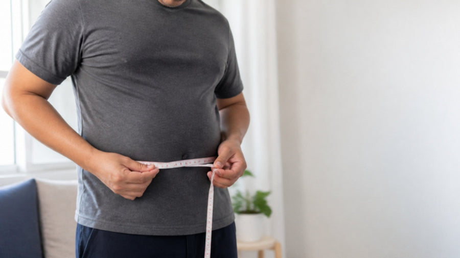 Man measuring his waist at home to check for visceral fat