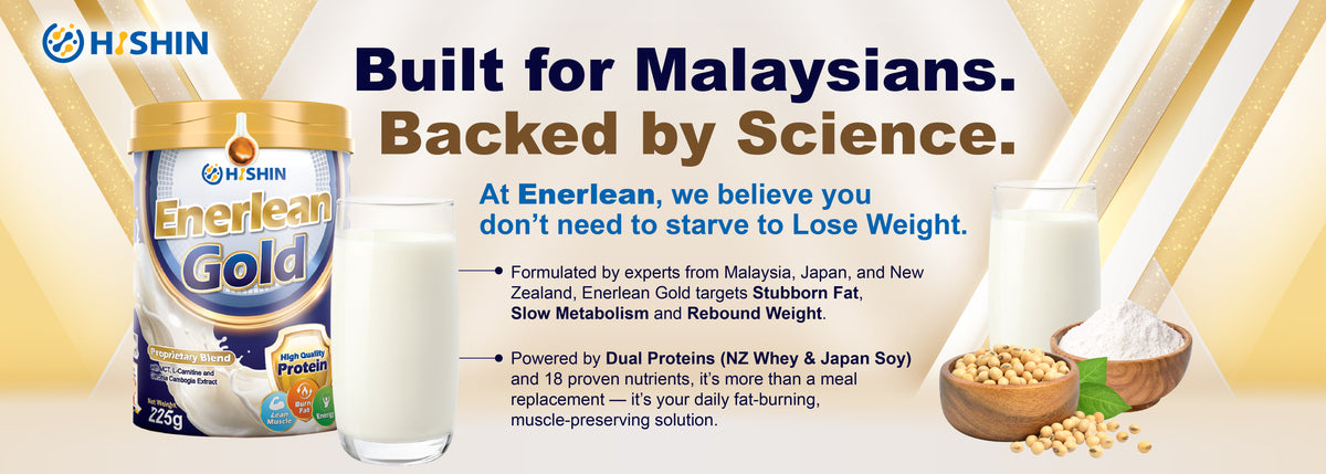 Built for Malaysians – HISHIN Enerlean Gold tin with a glass of milk and soybeans